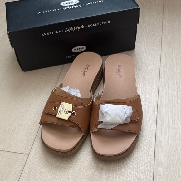 Dr. Scholl's Brown Slide Sandals with Gold Accent - Picture 2 of 10